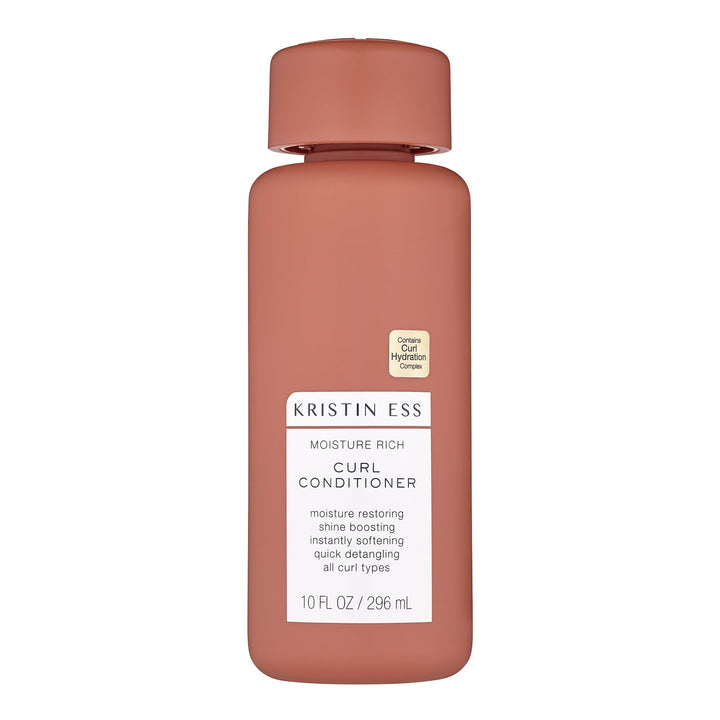 Kristin Ess front packaging shows bottle and benefits for curls