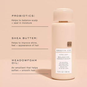Creamy conditioner texture on spoon illustrating Kristin Ess smooth hydration without heaviness