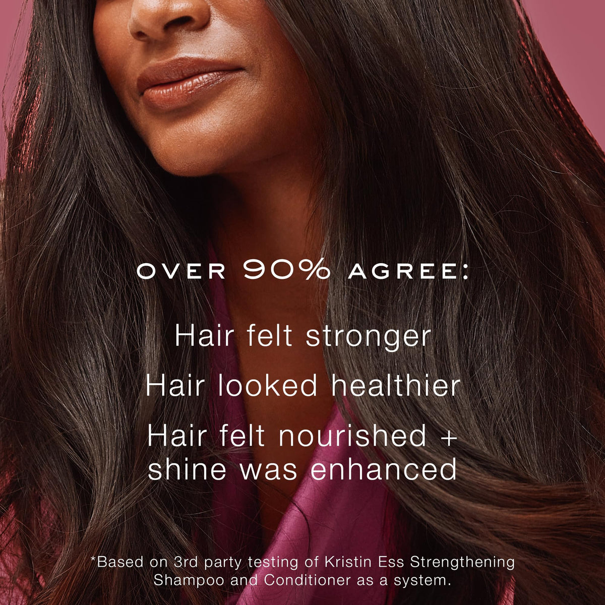 Kristin Ess after-use hair showing shiny, detangled results and improved manageability benefit