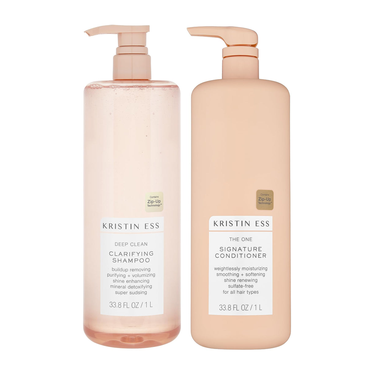 Kristin Ess front packaging showing clarifying shampoo and conditioner benefits