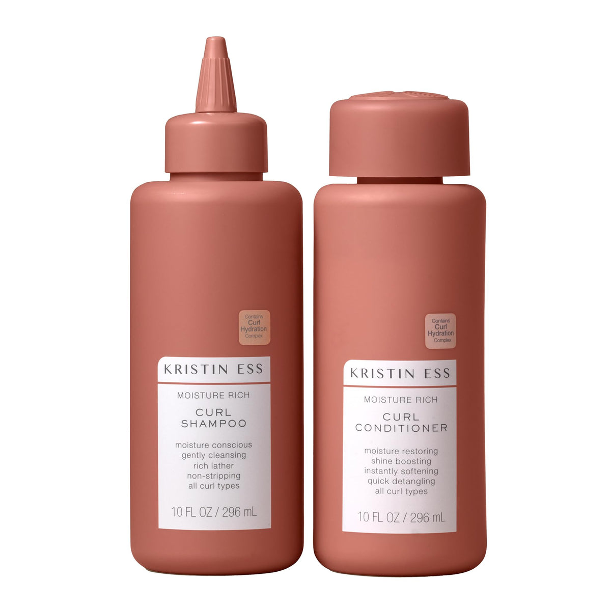 Kristin Ess front packaging of curl shampoo and conditioner showing duo benefits