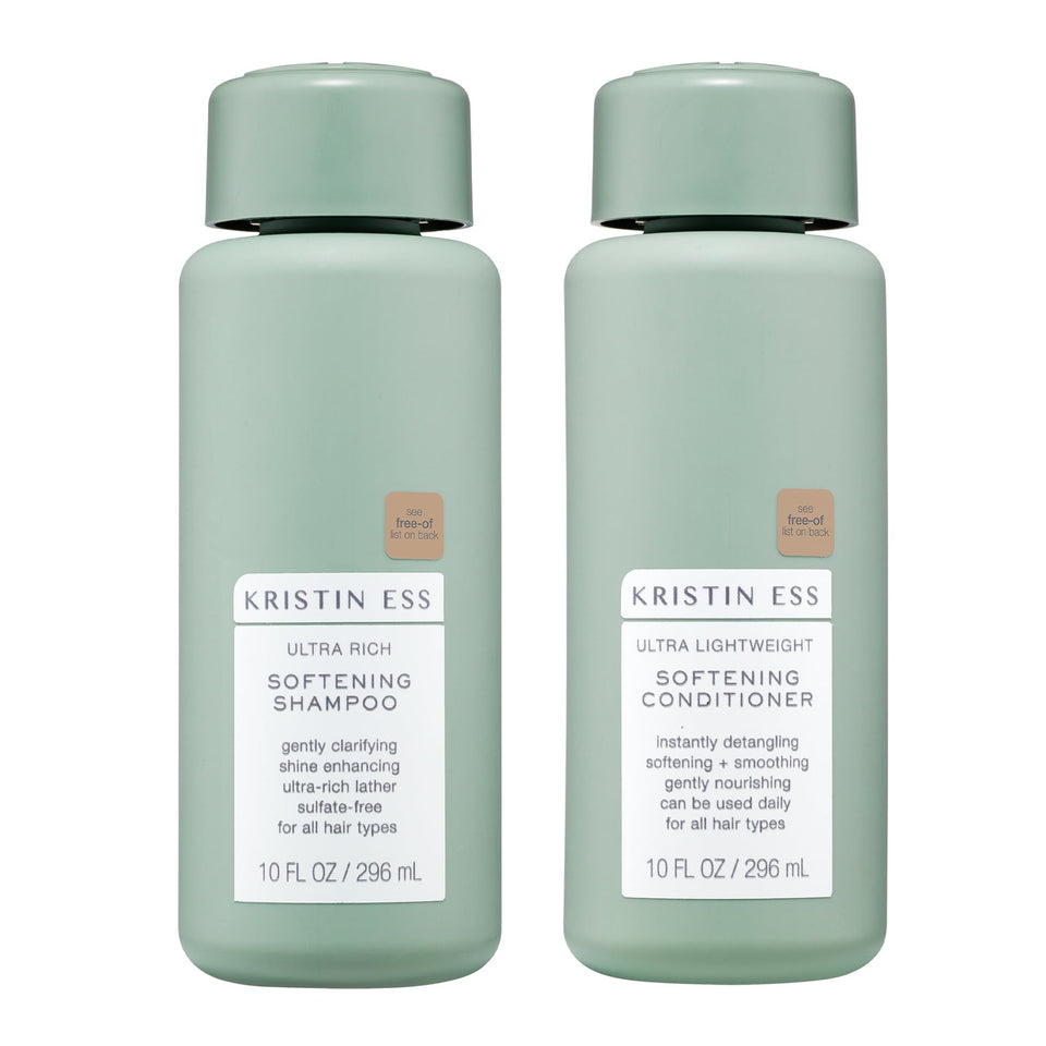 Kristin Ess front packaging showing shampoo and conditioner for easy identification and hydration benefit