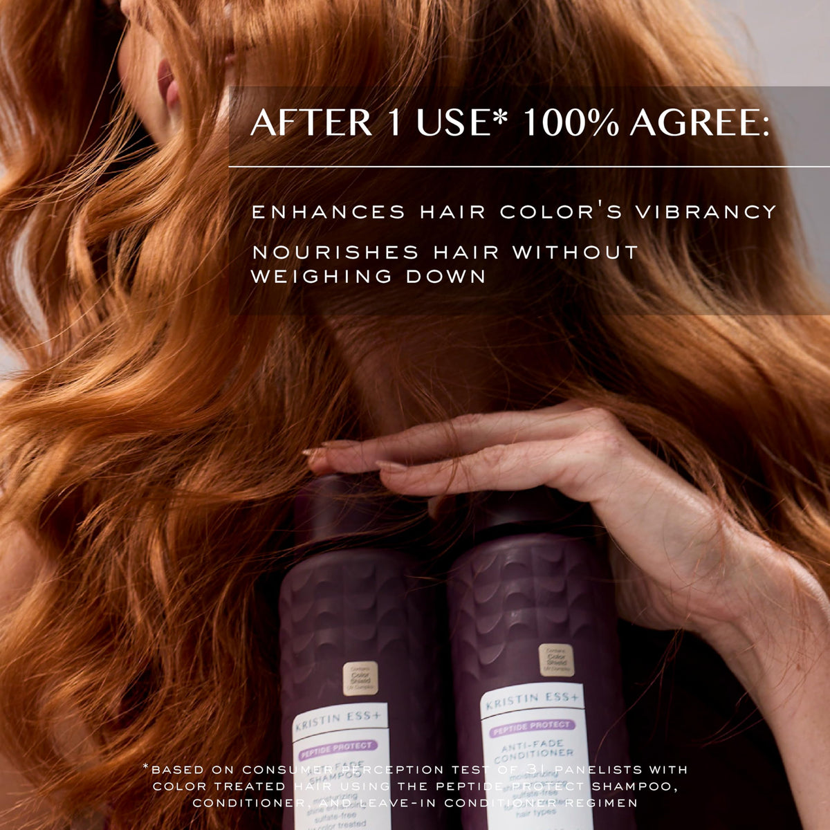 Kristin Ess conditioner in shower being applied to color-treated hair for protection and detangling
