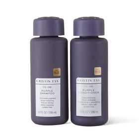 Kristin Ess front packaging showing purple shampoo and conditioner, easy anti-brass solution