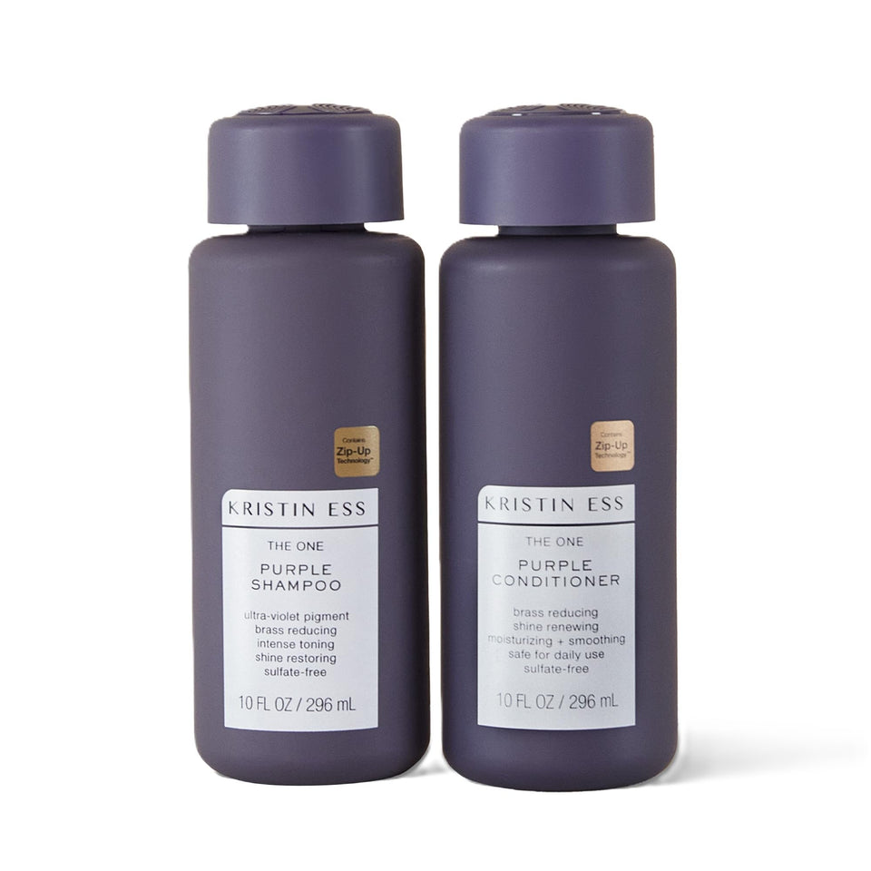 Kristin Ess front packaging showing purple shampoo and conditioner, easy anti-brass solution