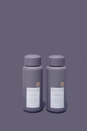 Kristin Ess shampoo pouring and lathering, fast violet pigment toning benefit