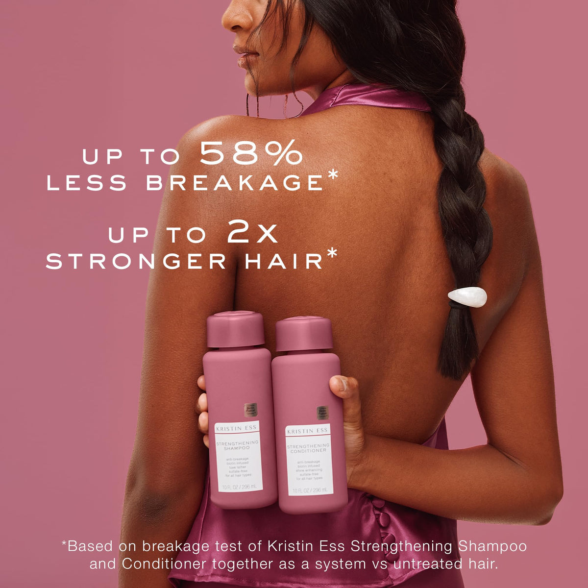 Kristin Ess shampoo paired with conditioner for stronger, nourished hair benefit