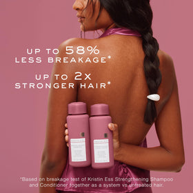Kristin Ess shampoo paired with conditioner for stronger, nourished hair benefit