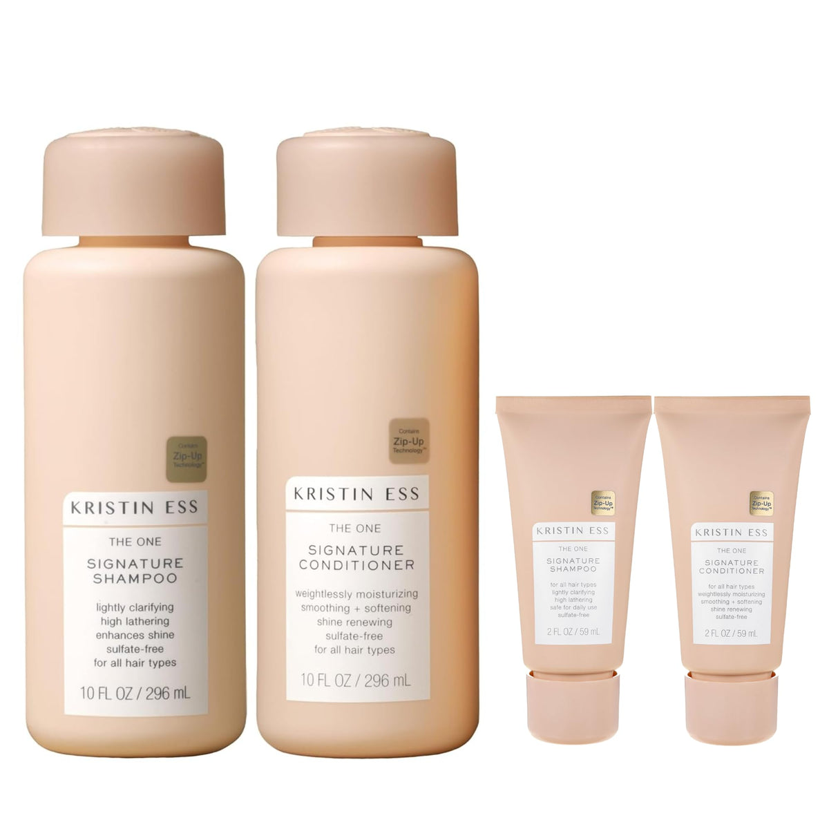 Kristin Ess front packaging showing full and travel bottles, highlights convenience