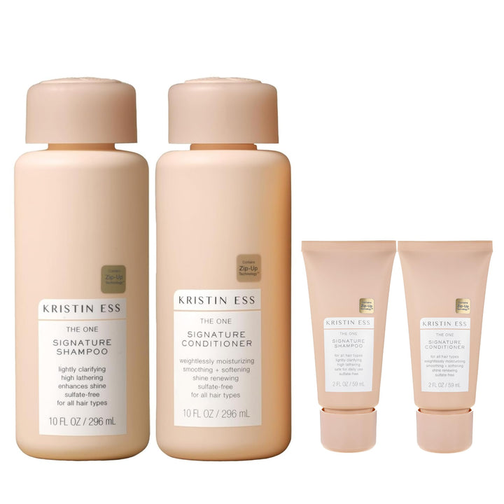 Kristin Ess front packaging showing full and travel bottles, highlights convenience