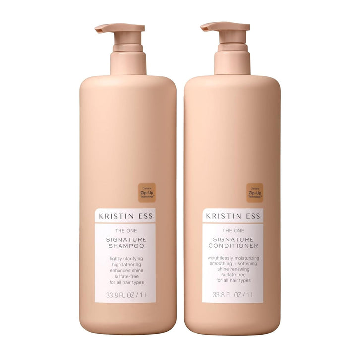 Kristin Ess front view of pumps showing two large bottles and easy dispensing benefit