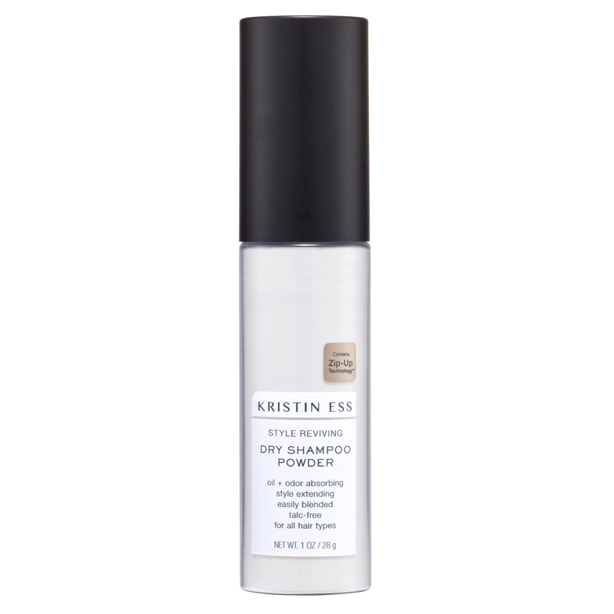Kristin Ess travel-size dry shampoo powder front packaging shows compact pump and pear scent benefit