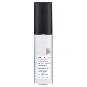 Kristin Ess travel-size dry shampoo powder front packaging shows compact pump and pear scent benefit