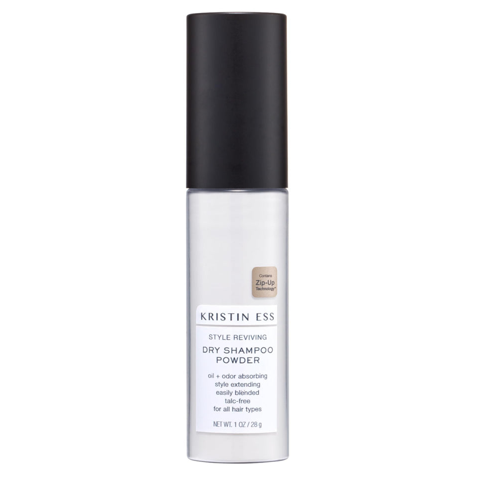 Kristin Ess travel-size dry shampoo powder front packaging shows compact pump and pear scent benefit