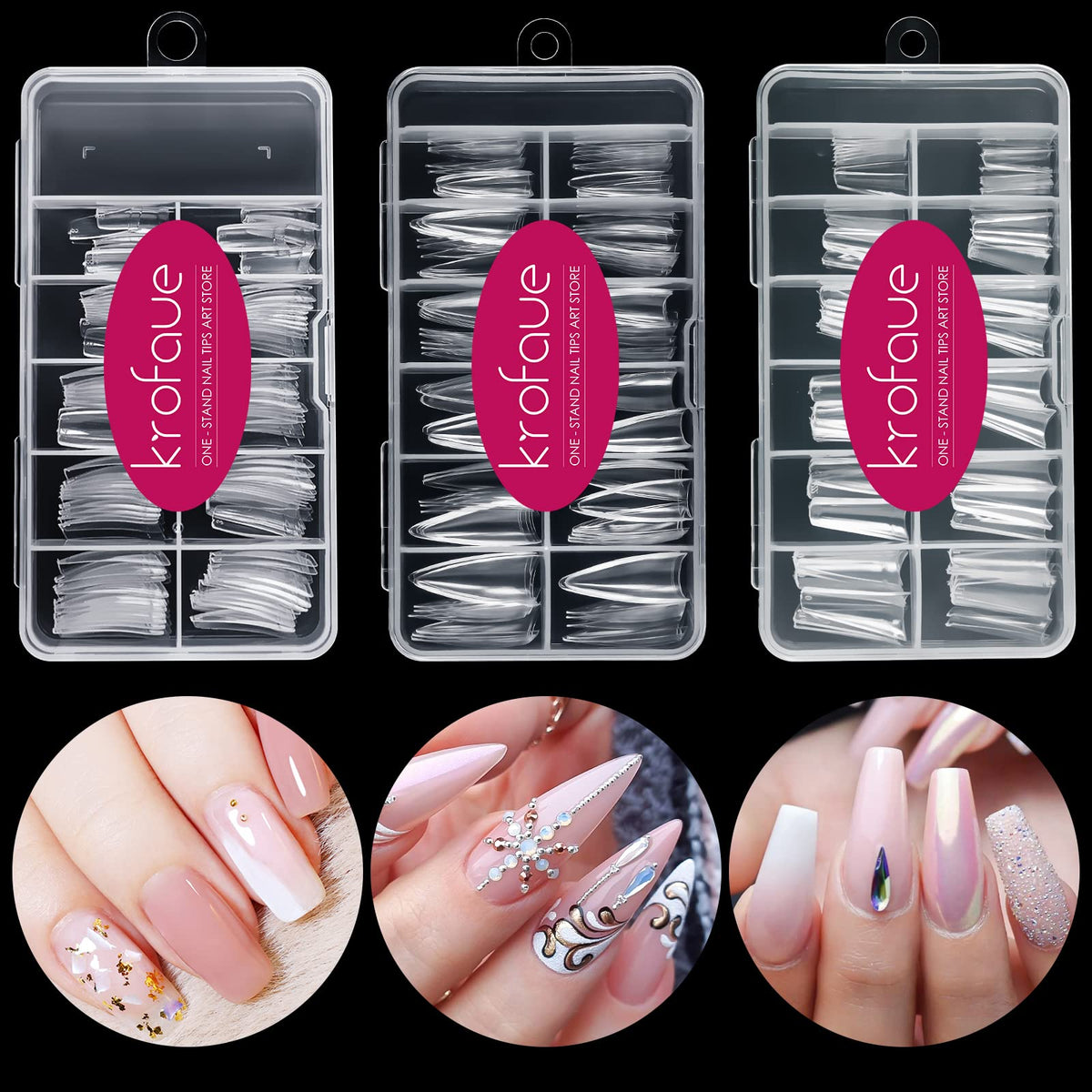 krofaue front packaging showing 340 clear tips and organized boxes for quick selection