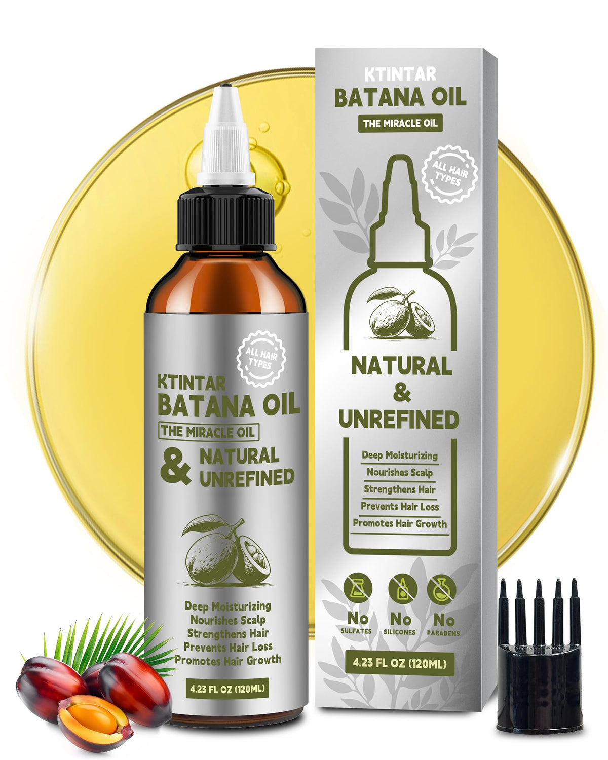 Ktintar bottle front view showing pure Batana oil and natural benefit