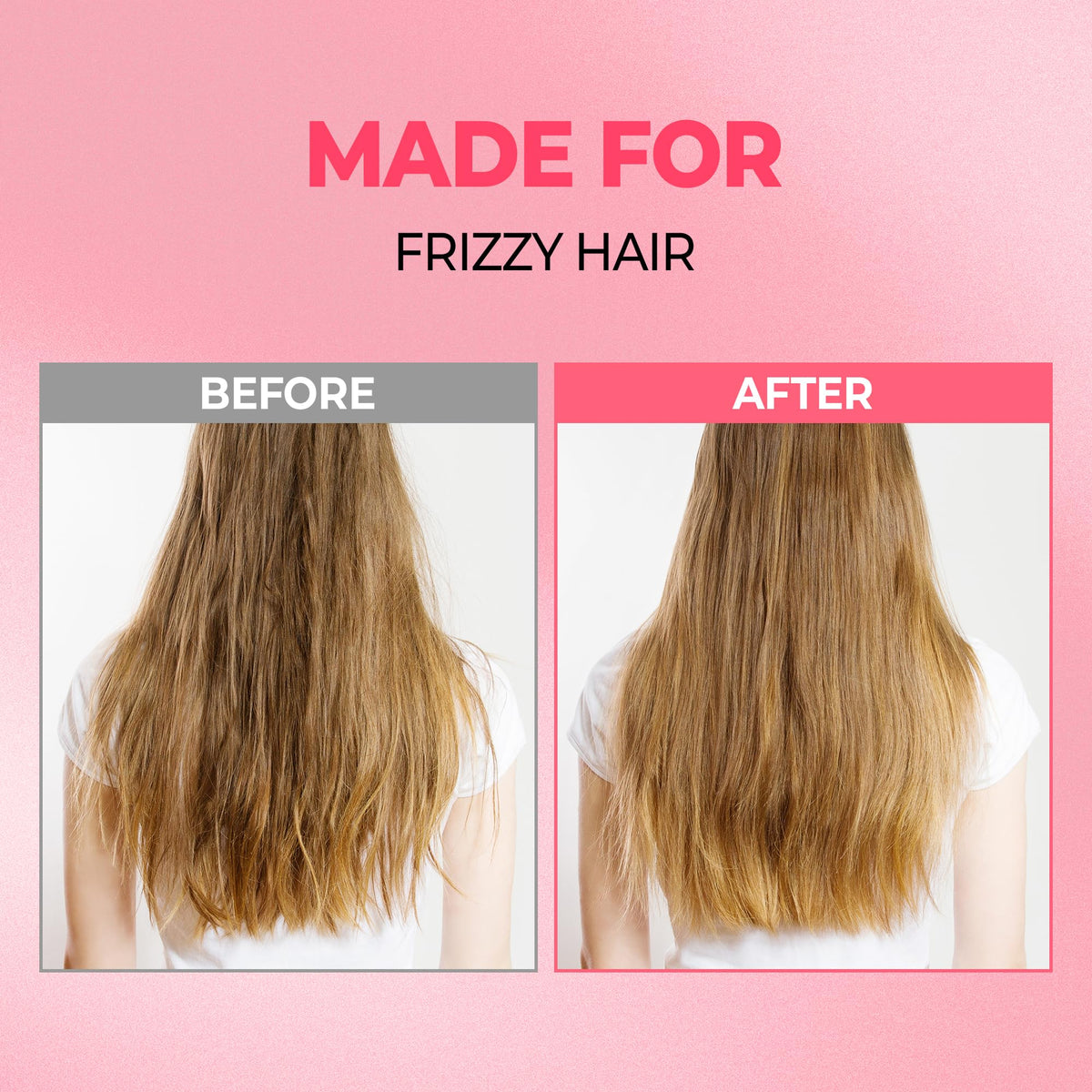 KUNDAL before and after hair comparison showing reduced frizz benefit