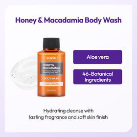 KUNDAL honey and macadamia ingredients display, emphasizes natural hydration