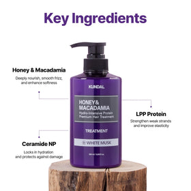 KUNDAL macadamia oil and manuka honey ingredients flatlay suggesting nourishing benefits