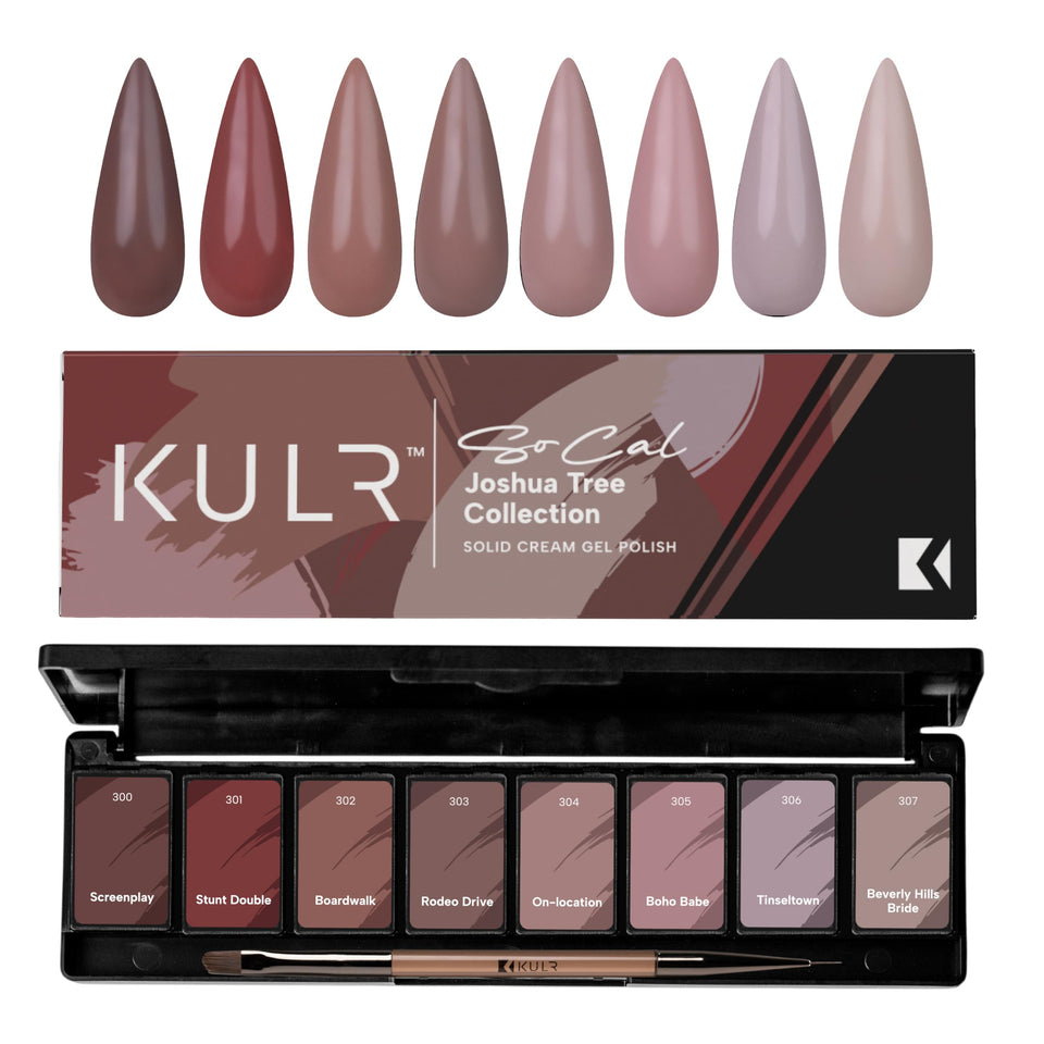KUPA packshot of Joshua Tree Collection set showcasing eight bottles and brush for versatile looks