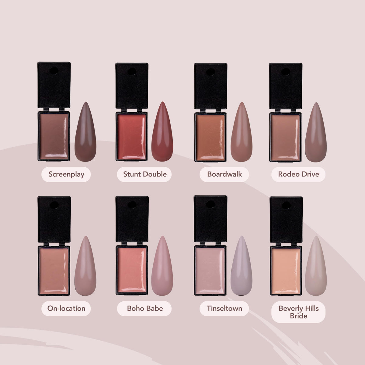 KUPA swatch strip displaying eight cream gel shades for easy color selection and inspiration