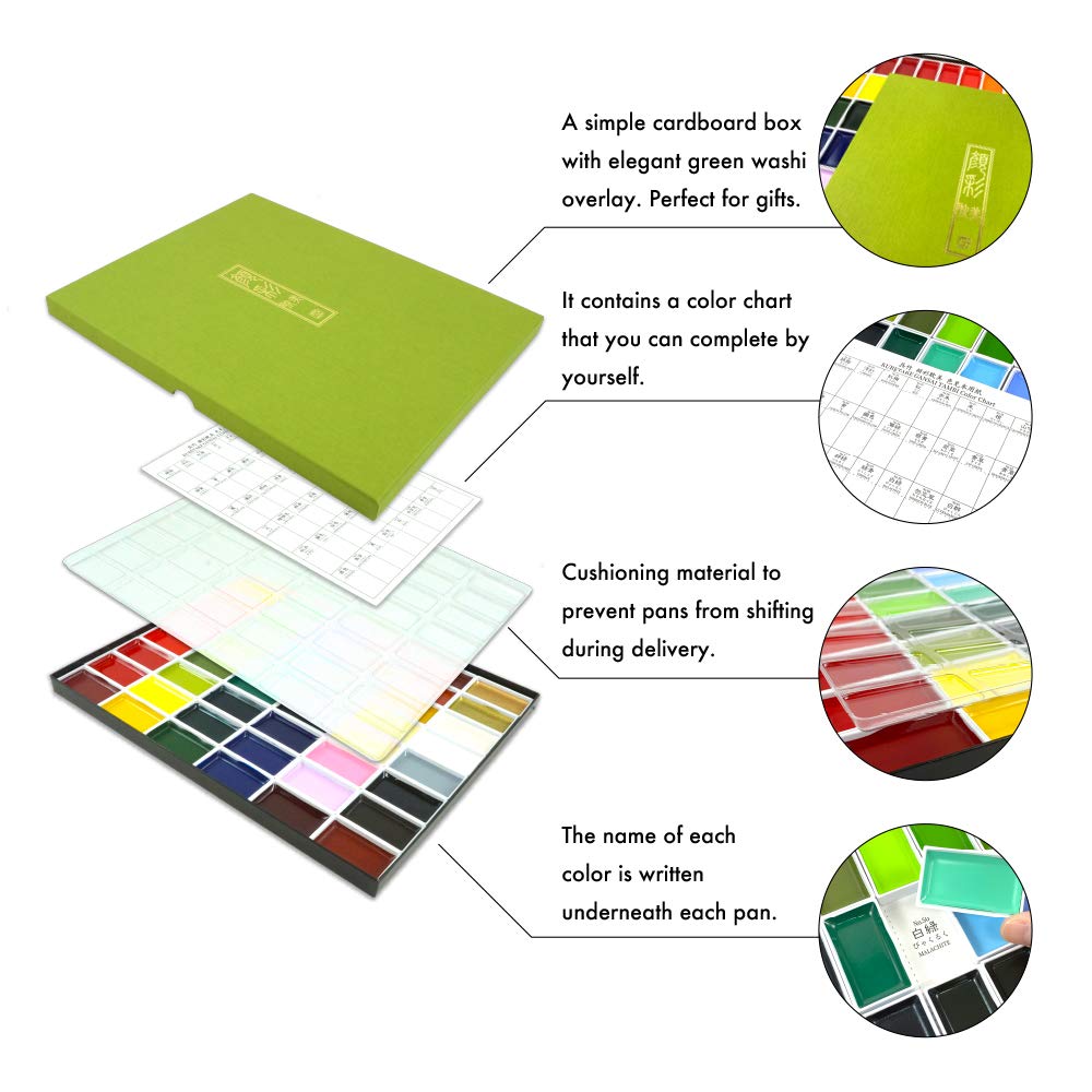 Kuretake Gansai Tambi printed color chart with swatches to simplify shade selection