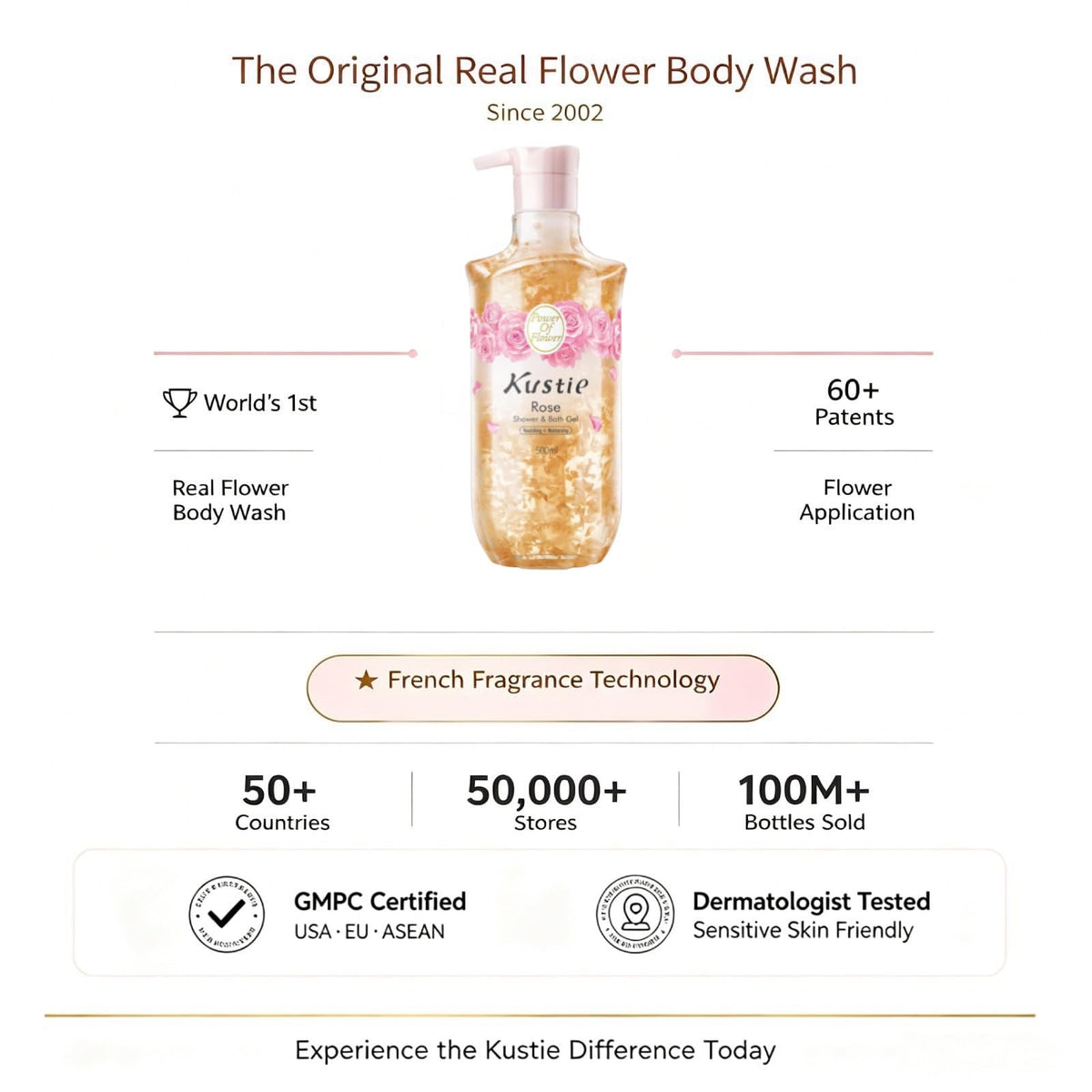 Kustie bottle on shower shelf showing elegant bathroom styling