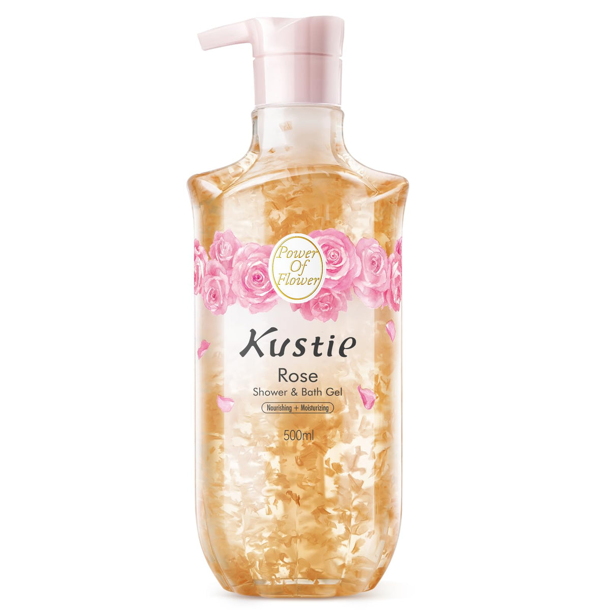 Kustie front bottle showing rose petals and hydration benefits