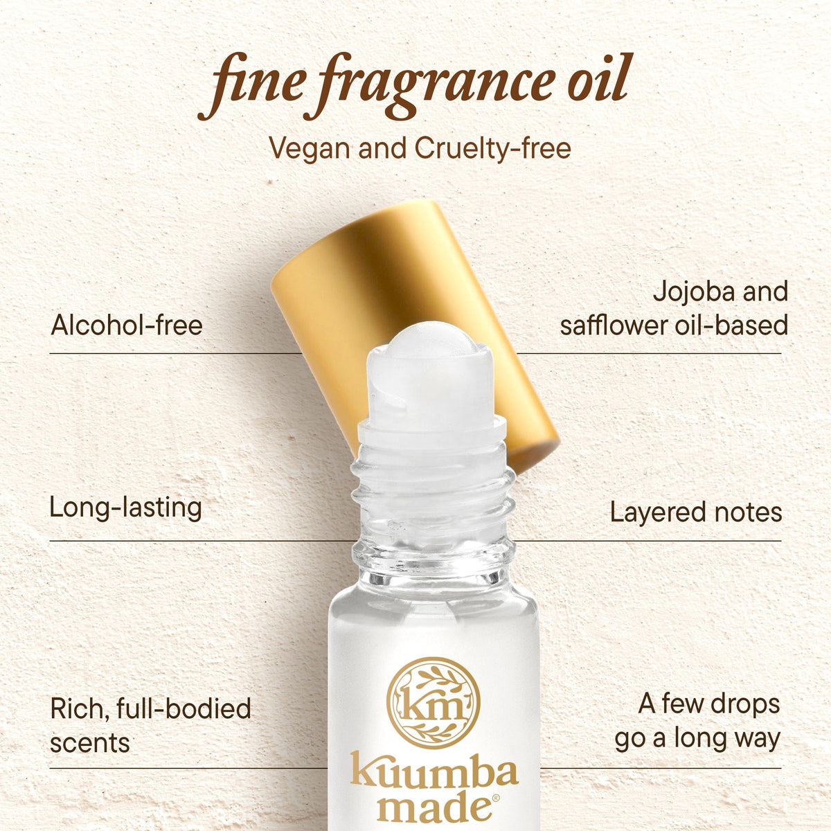 Kuumba Made label detail emphasizing vegan and alcohol-free fragrance benefits