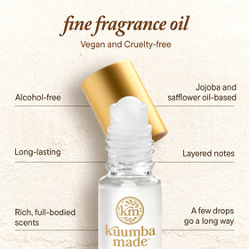 Kuumba Made label detail emphasizing vegan and alcohol-free fragrance benefits