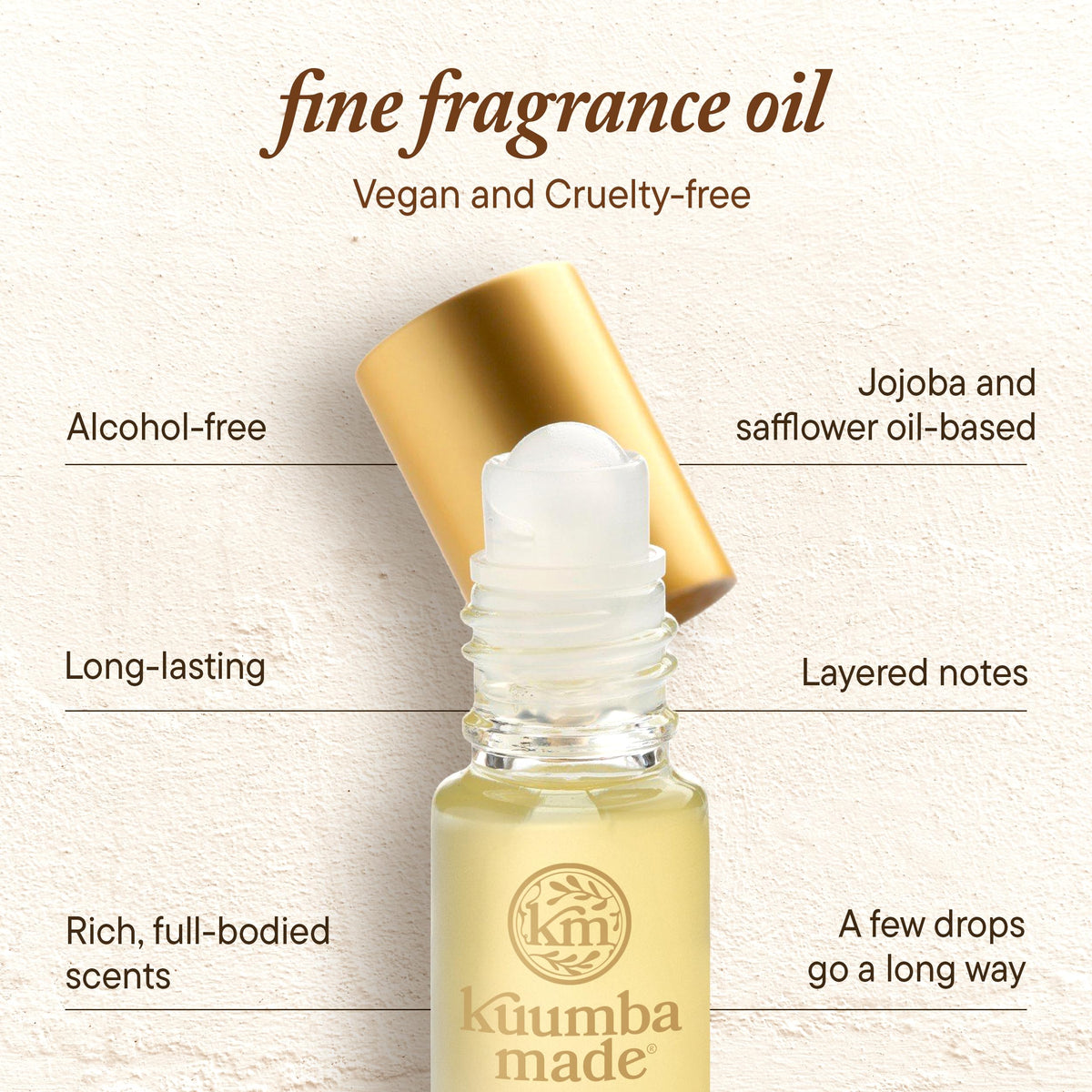 Kuumba Made bottle in hand to illustrate compact 0.15 fl oz travel-friendly size
