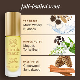 Kuumba Made Water Goddess next to a hand for scale, showing its travel-friendly 0.15 fl oz size