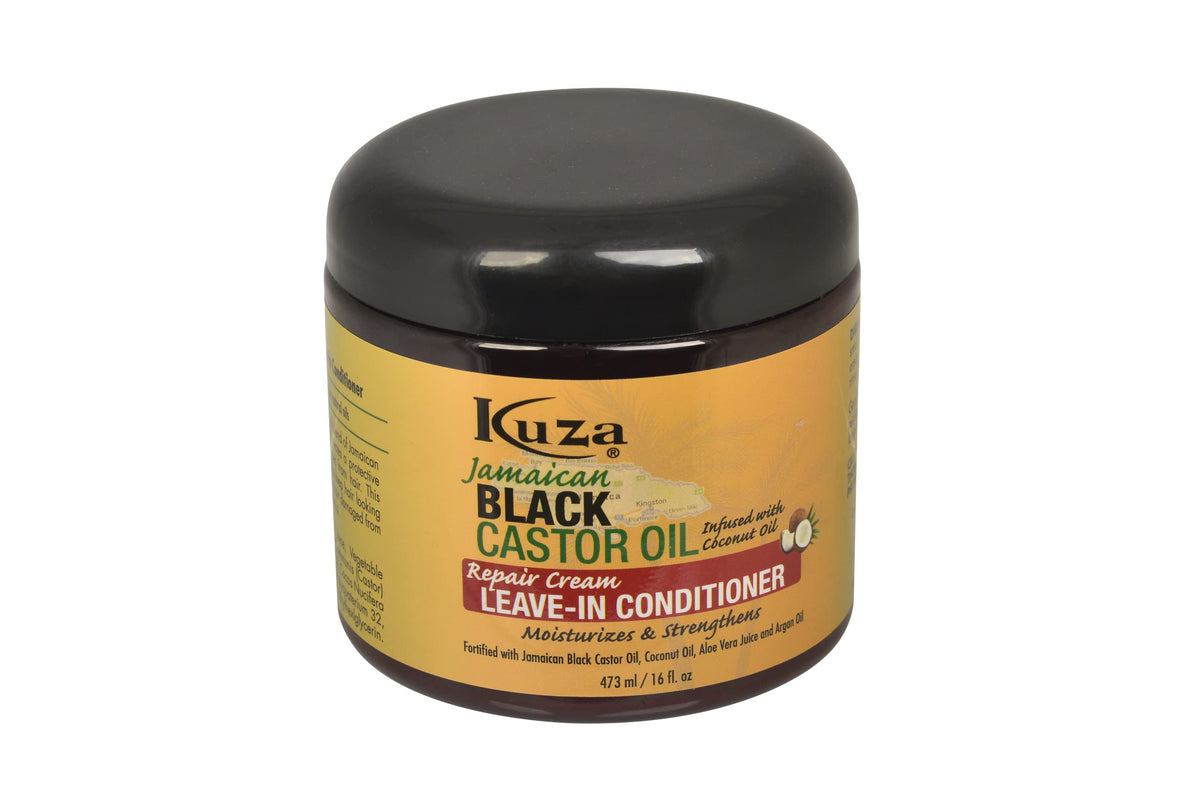 Kuza front packaging 16oz leave-in showing bottle and label benefits