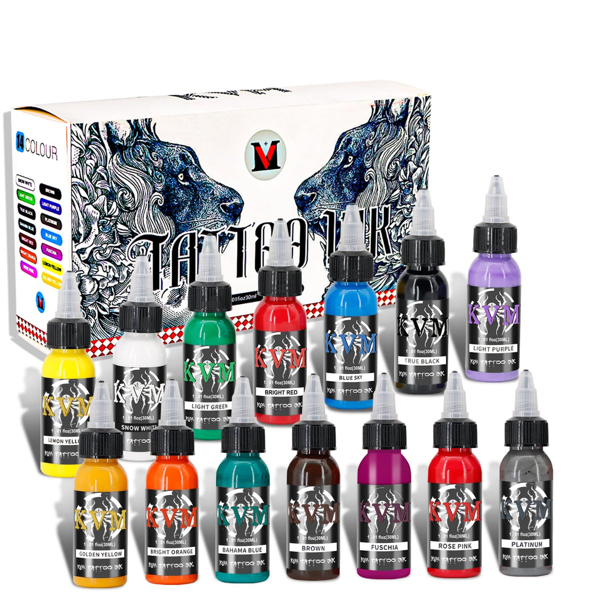 KVM front view of 14-bottle set showing full color range and studio readiness