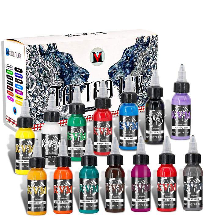 KVM front view of 14-bottle set showing full color range and studio readiness