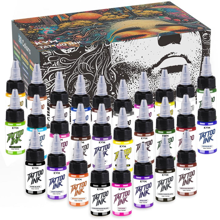 KVM front packaging showing all 28 bottles and color variety for quick selection