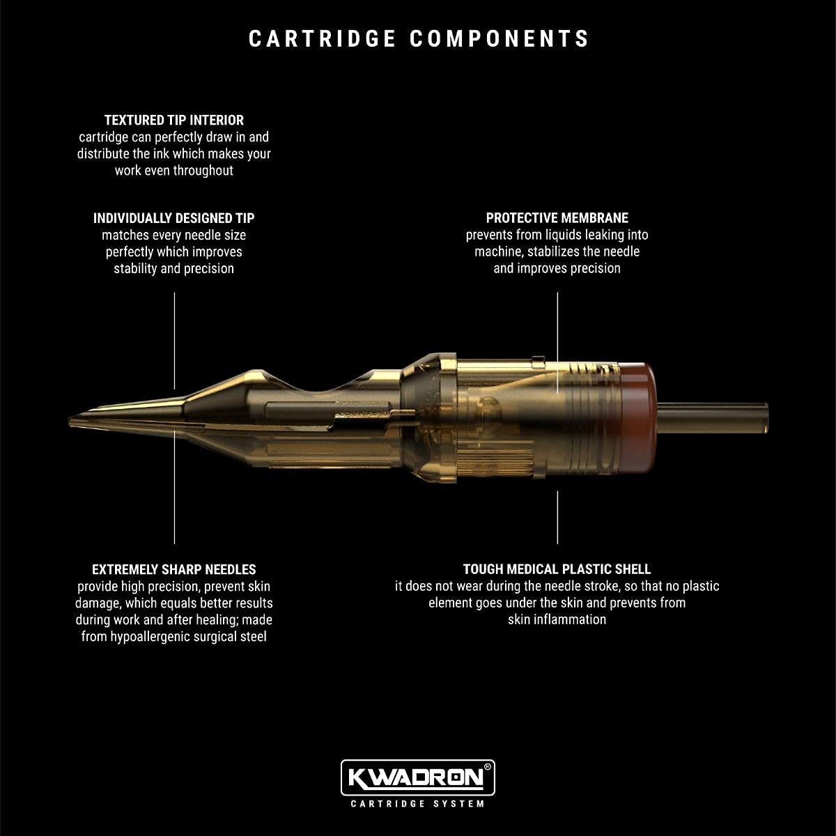 Kwadron long taper profile view demonstrating smoother skin entry and less trauma