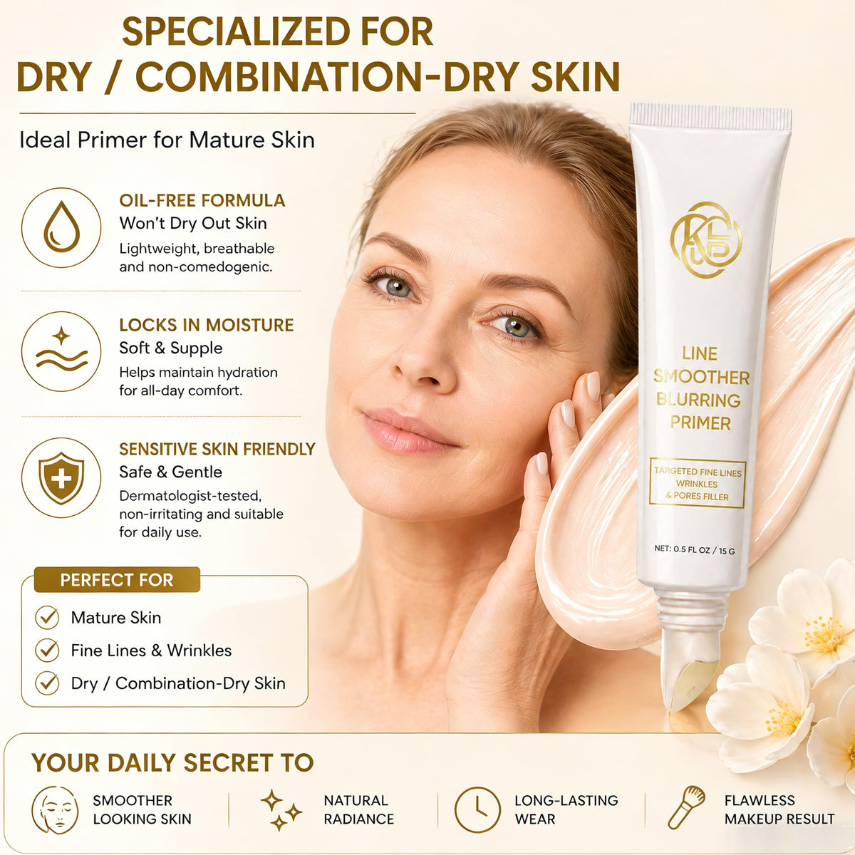 KWEZTY split-face before and after primer showing visible line blurring benefit