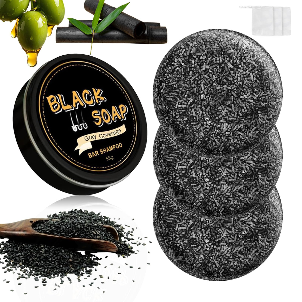 KYDA front packaging showing three black shampoo bars and benefits