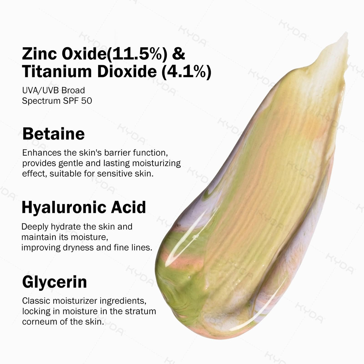 KYDA spf 50 label closeup emphasizing broad-spectrum protection benefit