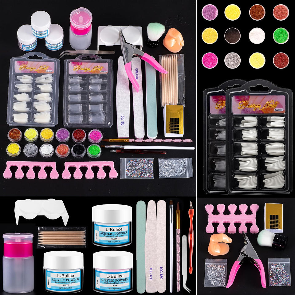L-Bulice front packaging showing full acrylic nail kit and included tools for convenience
