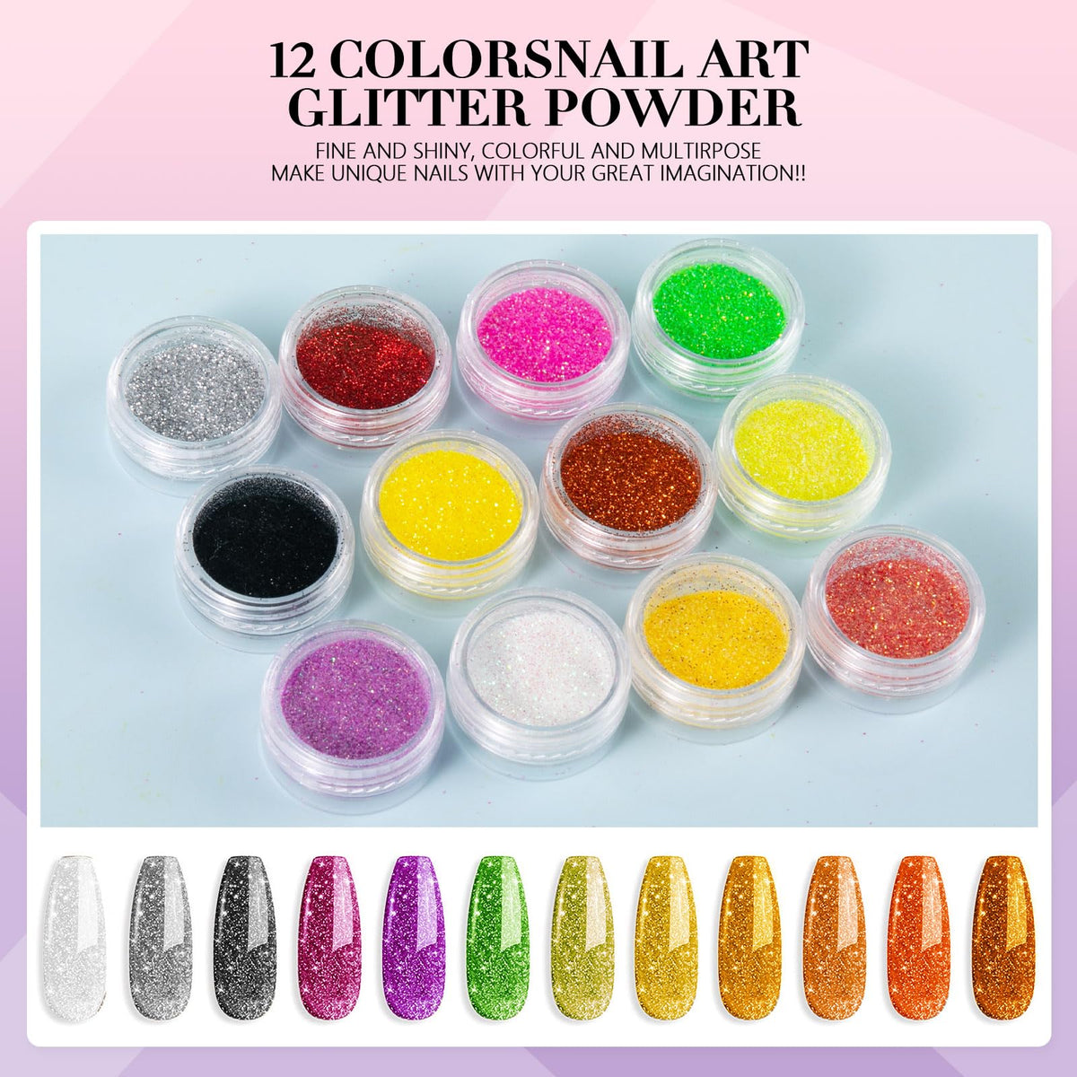 L-Bulice glitter powders close-up displaying color variety for vibrant nail finishes