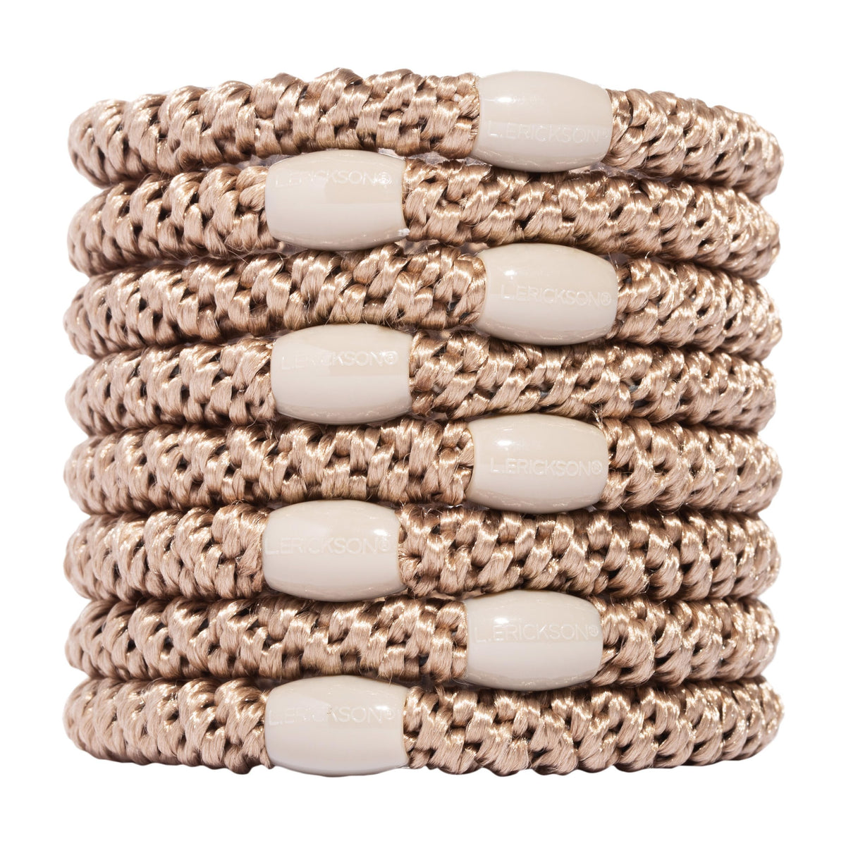 L. Erickson front pack showing eight blonde hair ties and benefits