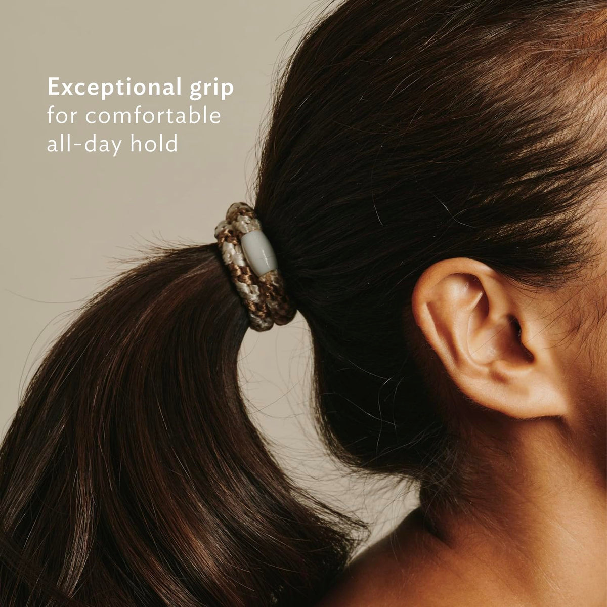 L. Erickson worn in a high ponytail showing strong, no-crease hold