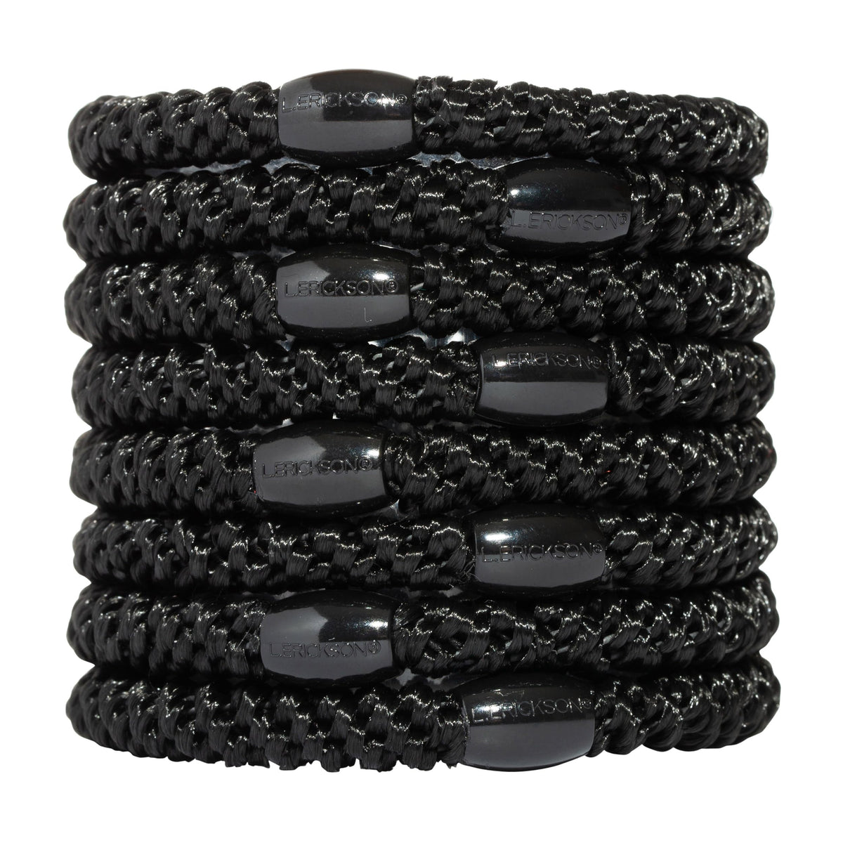 L. Erickson front pack of eight black ponytail holders shown neatly displayed, easy organization benefit