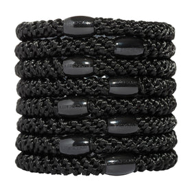 L. Erickson front pack of eight black ponytail holders shown neatly displayed, easy organization benefit