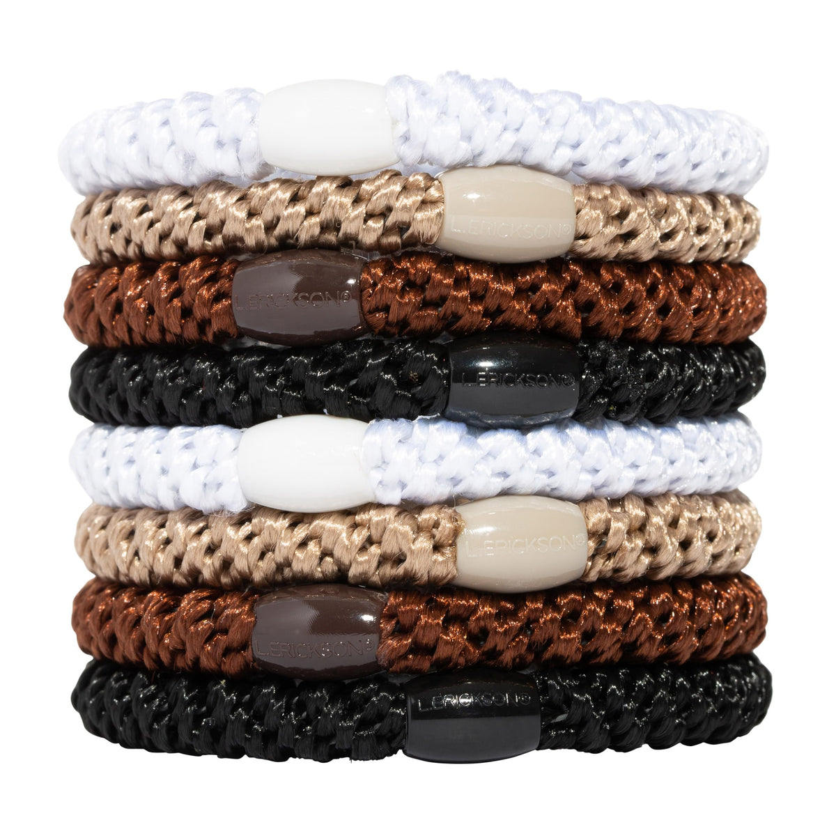 L. Erickson front packaging showing 8 brown hair ties and neutral styling benefit
