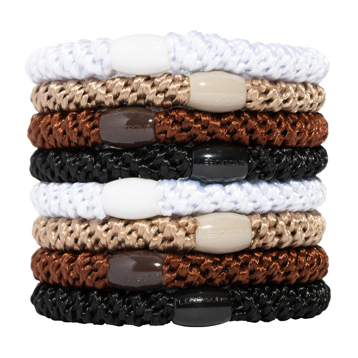 L. Erickson front packaging showing 8 brown hair ties and neutral styling benefit