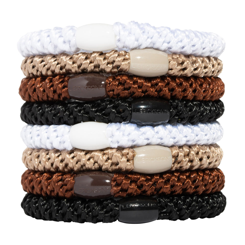 L. Erickson front packaging showing 8 brown hair ties and neutral styling benefit