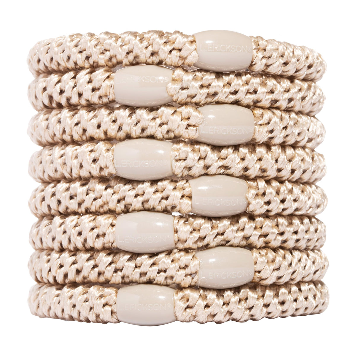 L. Erickson front packaging showing eight camel beige hair ties and branding